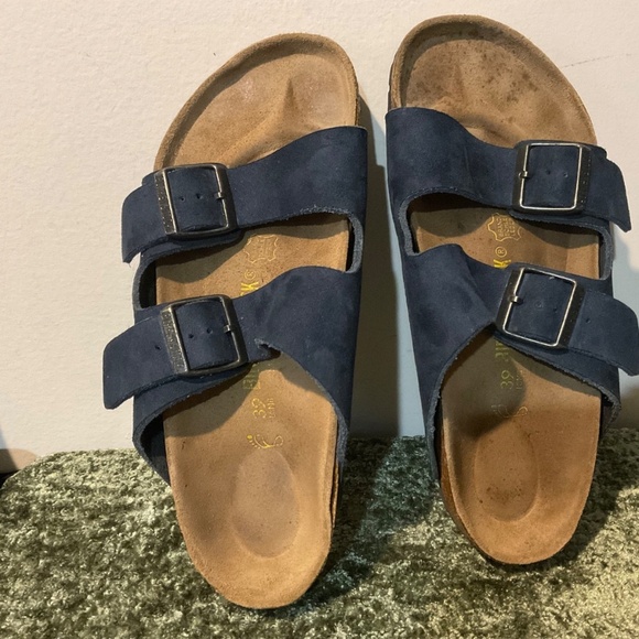 Birkenstock Arizona Double Buckle Strap Blue Suede Slides Sandals Shoes 39 9 9.5 - Picture 1 of 12
